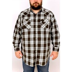 Plains Western Wear Big Man Pearl Snap 2X Brown Plaid Long‎ Sleeve Western Shirt